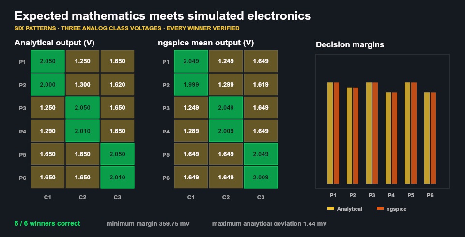Expected and ngspice-simulated analog classifier scores and decision margins