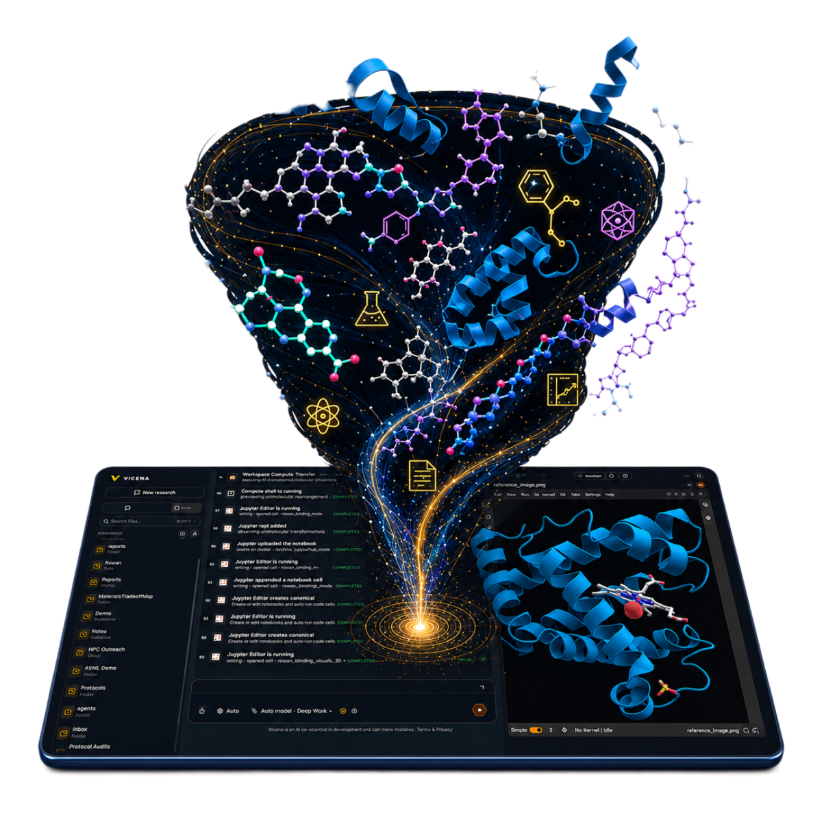 Unified Vicena science workspace with molecules, proteins, notebooks, and simulation outputs