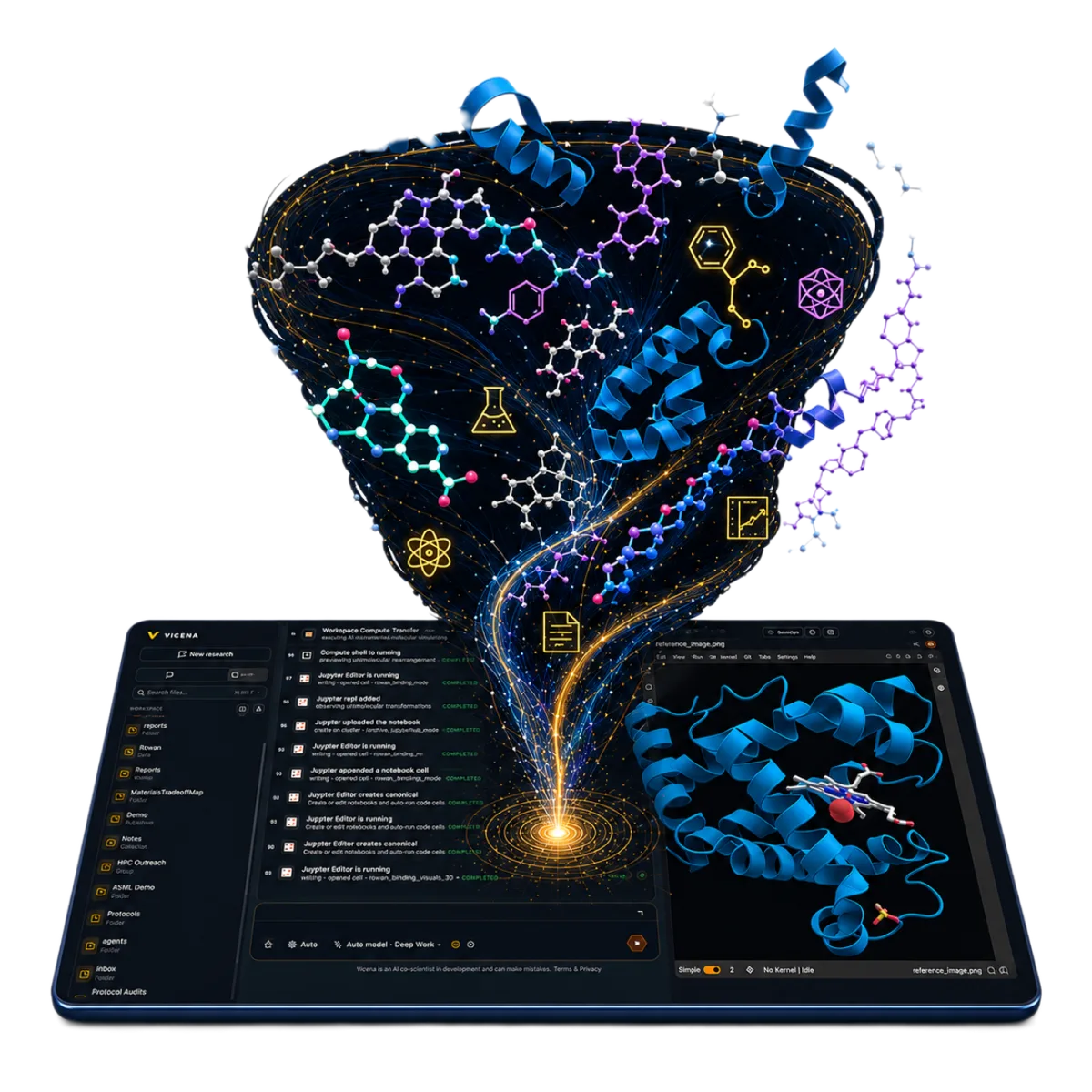 Unified Vicena science workspace with molecules, proteins, notebooks, and simulation outputs