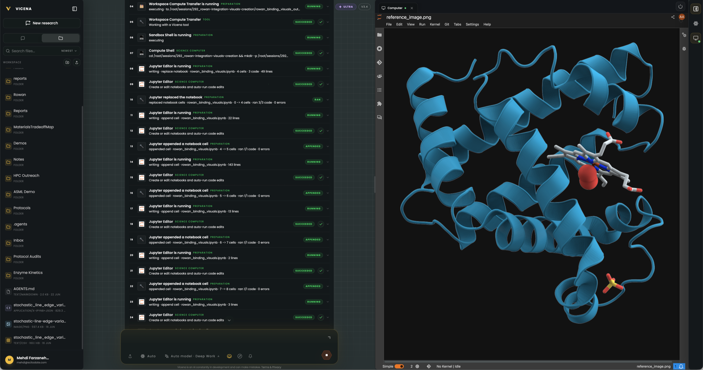 Vicena workspace showing a Rowan-powered docking notebook and molecular visualization