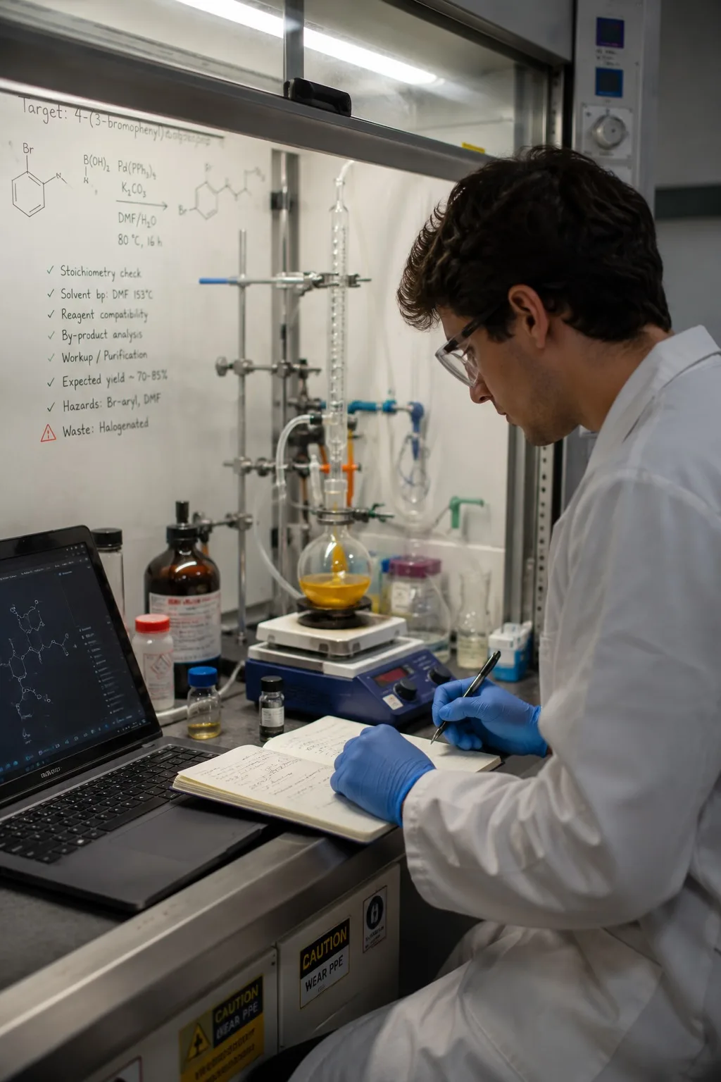 Scientist reviewing protocol notes beside a fume hood