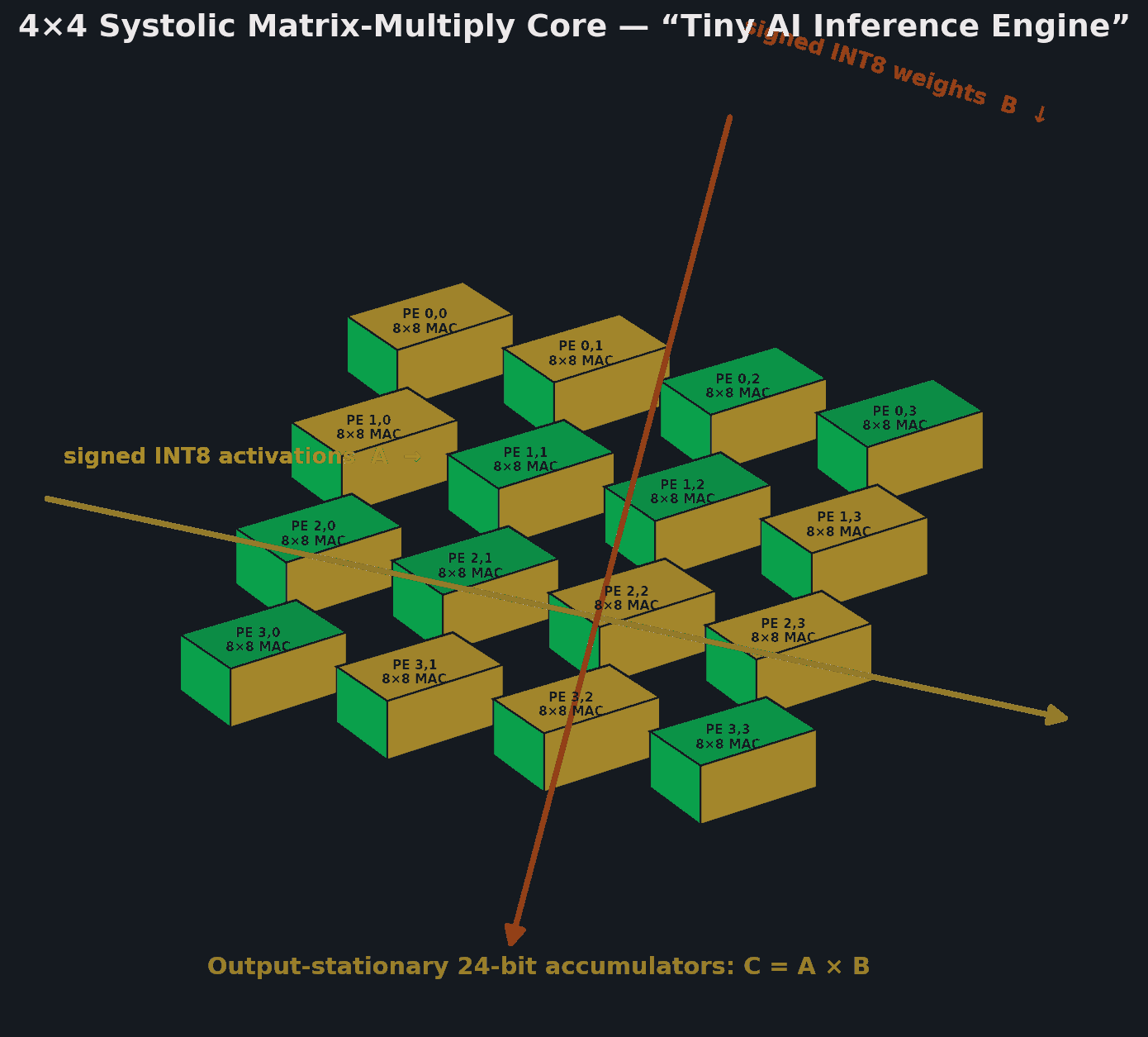 Isometric 4 by 4 systolic array with signed INT8 activations and weights